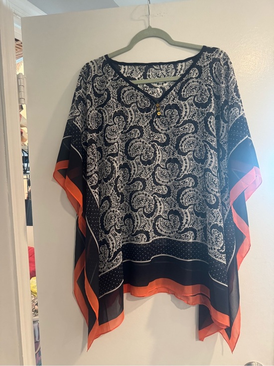 Tops - Navy White Paisley Overlay Top with Orange Trim Cottagecore Women's Blouse
